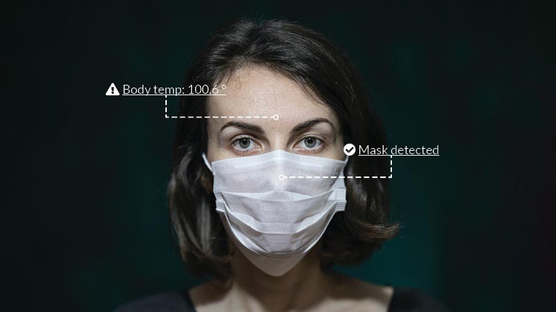 Woman wearing a medical mask covering her mouth and nose that has been scanned by a temperature sensing facial recognition camera; her body temp (100.6 degrees) is displayed, as is a note that a mask as been detected.