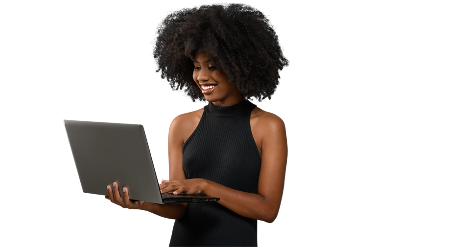 Optimistic job applicant holding laptop